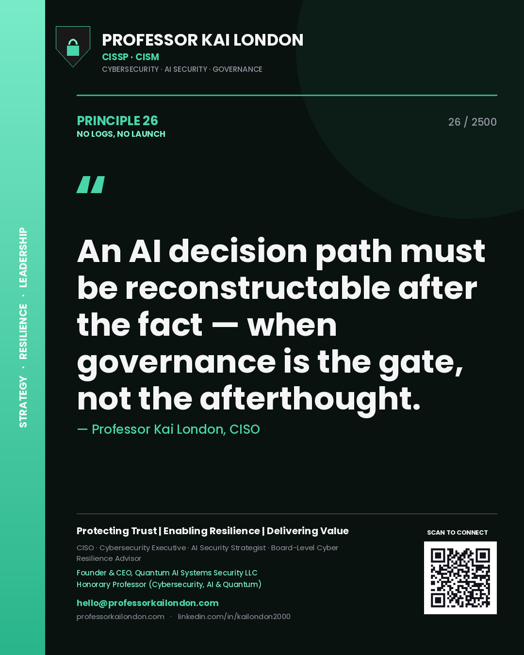 Quote card by Professor Kai London reading 'An AI decision path must be reconstructable after the fact — when governance is the gate, not the afterthought.'. From the book No Logs, No Launch.