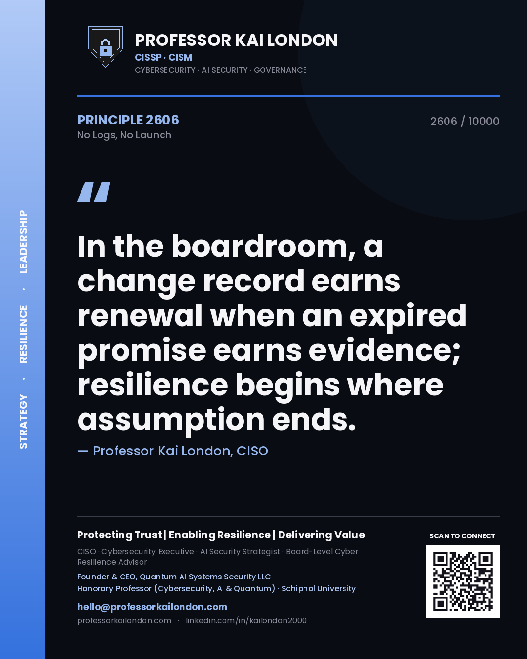 Professor Kai London principle 2606: In the boardroom, a change record earns renewal when an expired promise earns evidence; resilience begins where assumption ends.