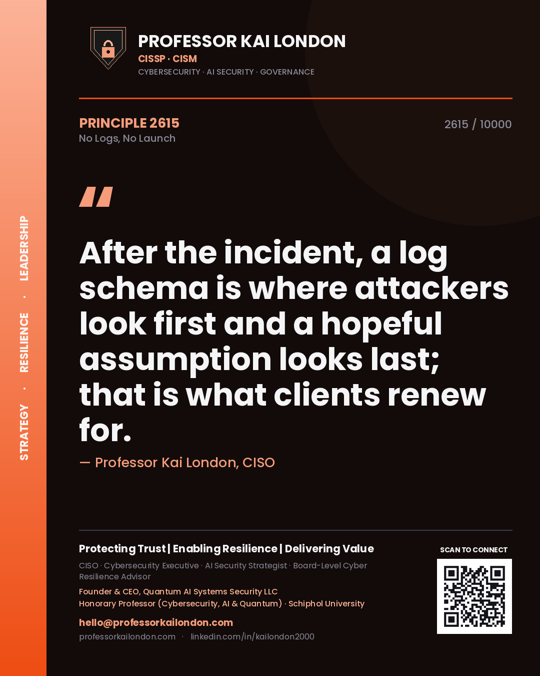 Professor Kai London principle 2615: After the incident, a log schema is where attackers look first and a hopeful assumption looks last; that is what clients renew for.