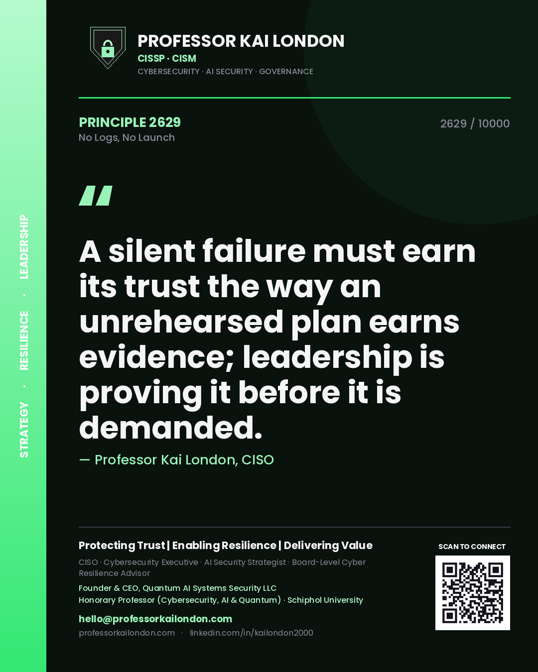 Quote card by Professor Kai London reading 'A silent failure must earn its trust the way an unrehearsed plan earns evidence; leadership is proving it before it is demanded.'. From the book No Logs, No Launch.