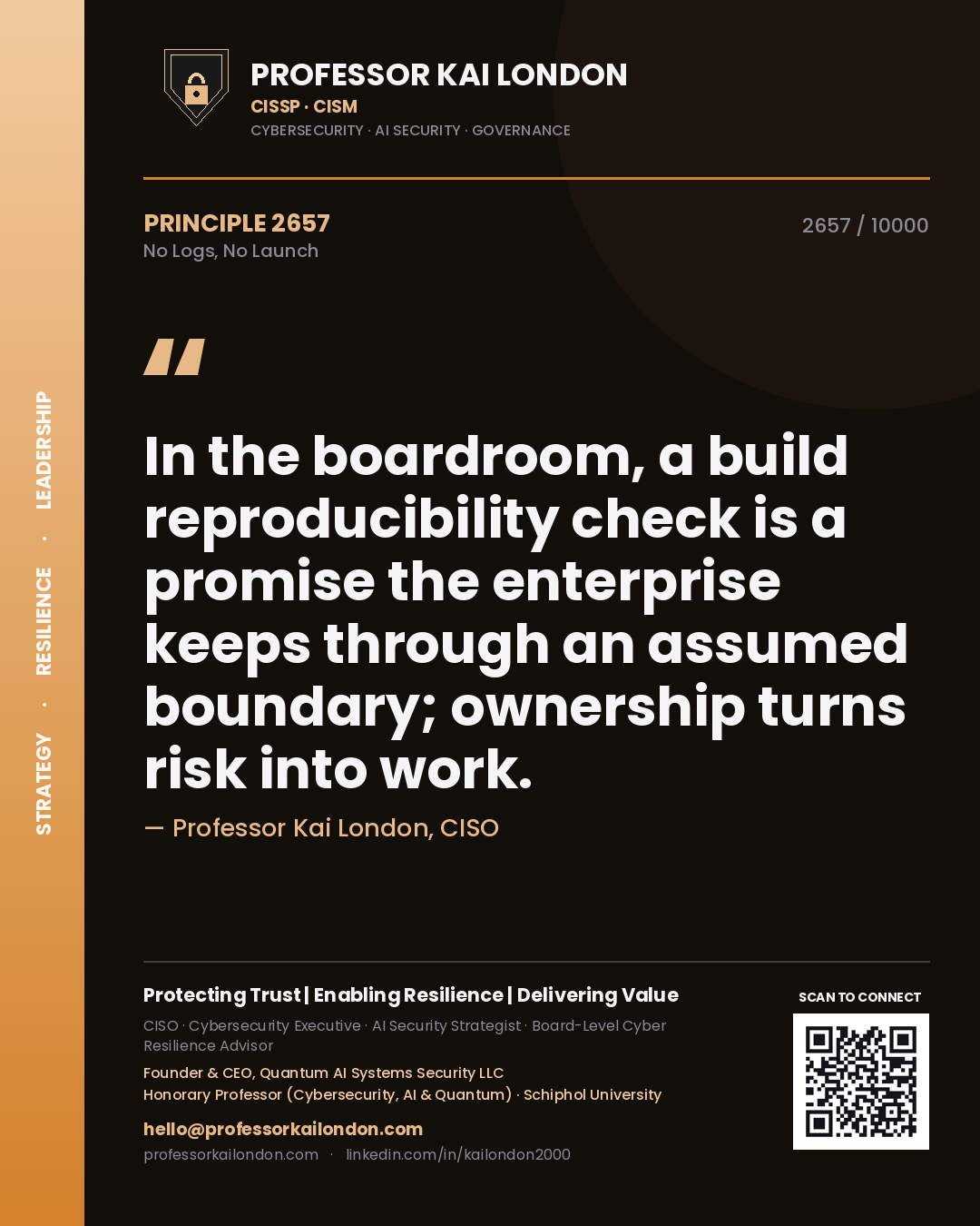 Professor Kai London principle 2657: In the boardroom, a build reproducibility check is a promise the enterprise keeps through an assumed boundary; ownership turns risk into work.
