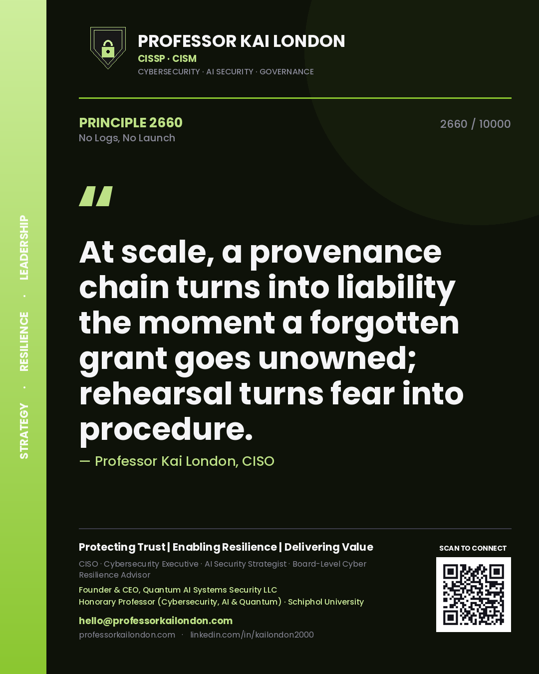 Professor Kai London principle 2660: At scale, a provenance chain turns into liability the moment a forgotten grant goes unowned; rehearsal turns fear into procedure.