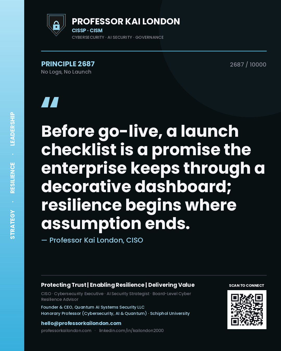 Professor Kai London principle 2687: Before go-live, a launch checklist is a promise the enterprise keeps through a decorative dashboard; resilience begins where assumption ends.