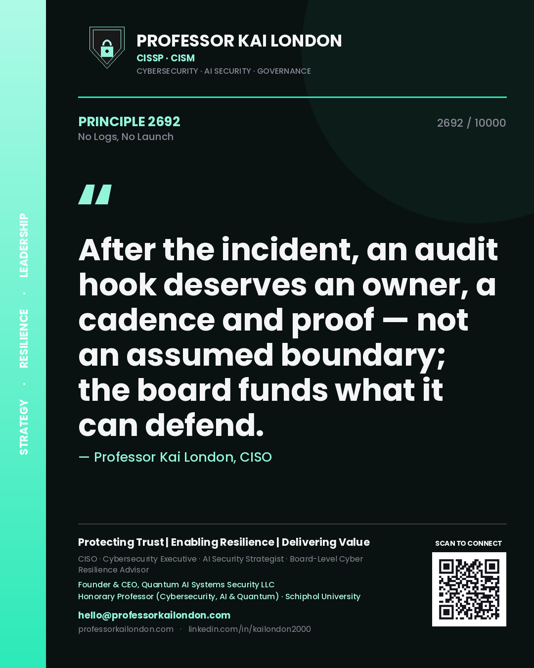 Quote card by Professor Kai London reading 'After the incident, an audit hook deserves an owner, a cadence and proof — not an assumed boundary; the board funds what it can defend.'. From the book No Logs, No Launch.