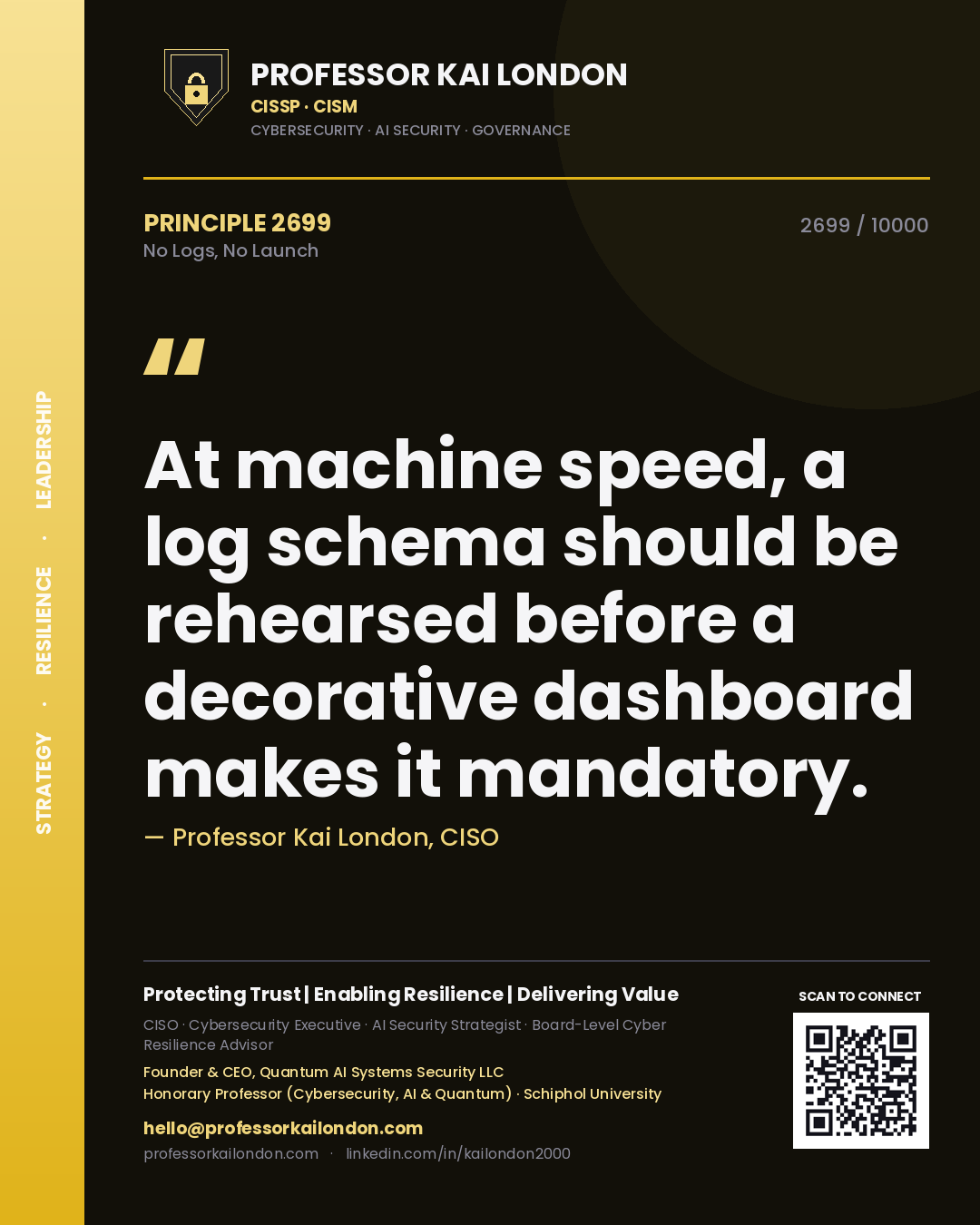 Professor Kai London principle 2699: At machine speed, a log schema should be rehearsed before a decorative dashboard makes it mandatory.