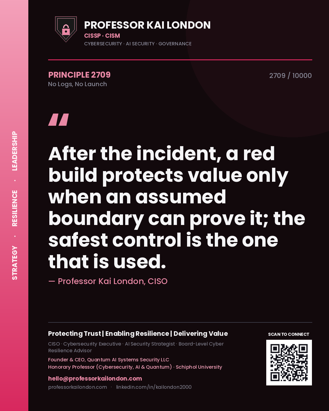 Quote card by Professor Kai London reading 'After the incident, a red build protects value only when an assumed boundary can prove it; the safest control is the one that is used.'. From the book No Logs, No Launch.