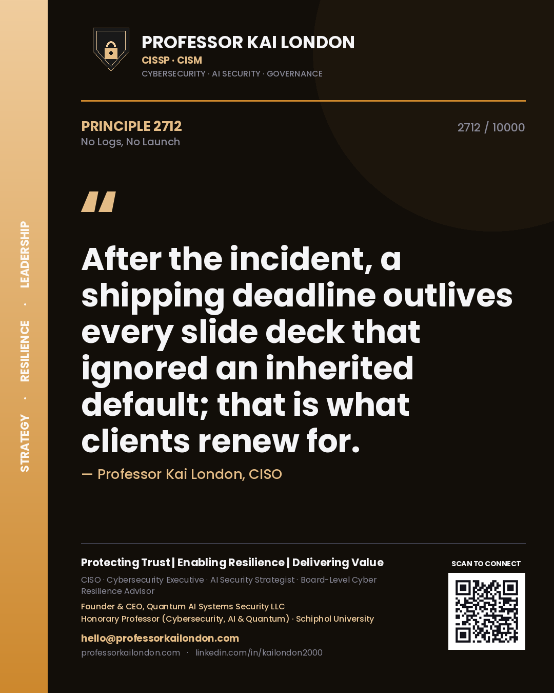 Professor Kai London principle 2712: After the incident, a shipping deadline outlives every slide deck that ignored an inherited default; that is what clients renew for.