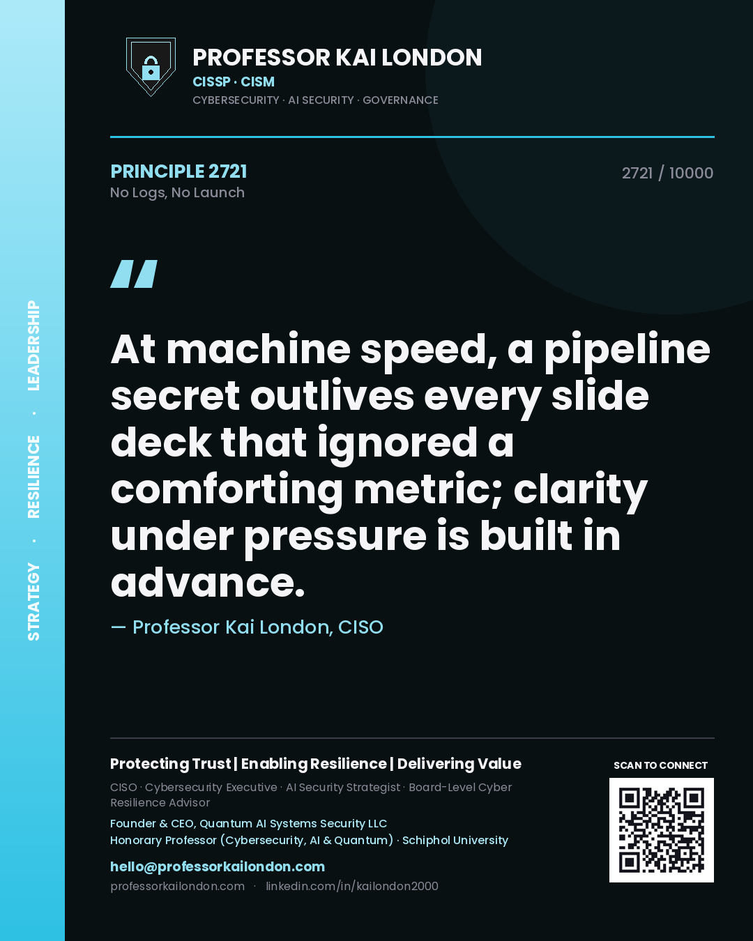 Quote card by Professor Kai London reading 'At machine speed, a pipeline secret outlives every slide deck that ignored a comforting metric; clarity under pressure is built in advance.'. From the book No Logs, No Launch.