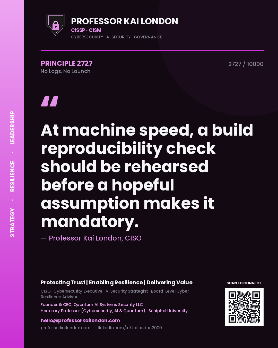 Professor Kai London principle 2727: At machine speed, a build reproducibility check should be rehearsed before a hopeful assumption makes it mandatory.