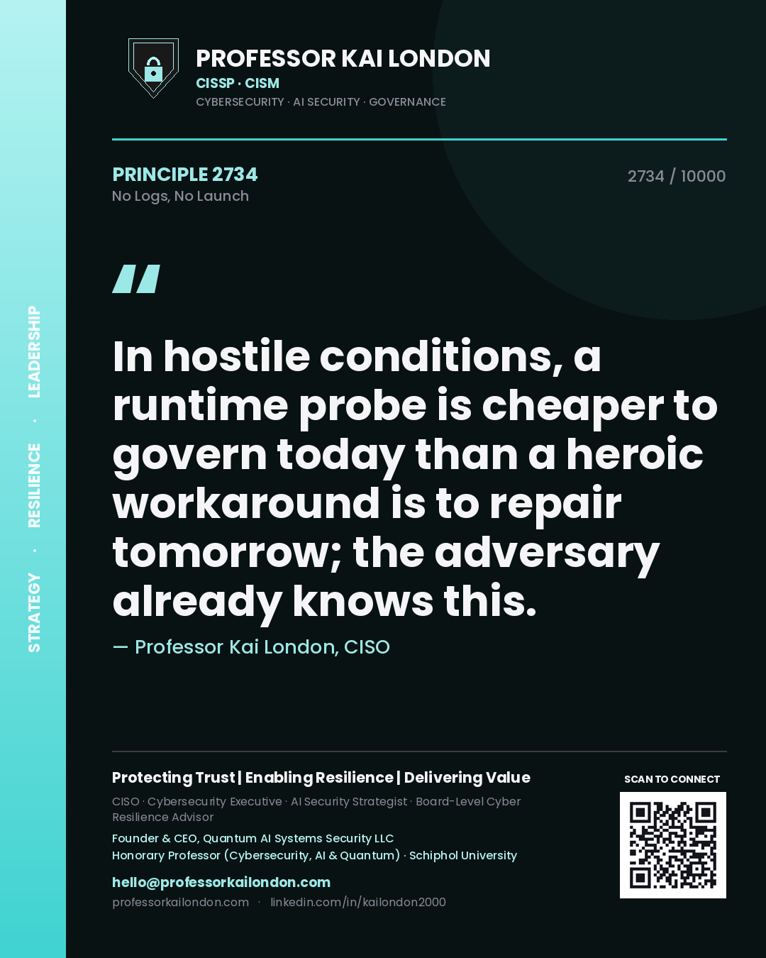 Quote card by Professor Kai London reading 'In hostile conditions, a runtime probe is cheaper to govern today than a heroic workaround is to repair tomorrow; the adversary already knows this.'. From the book No Logs, No Launch.