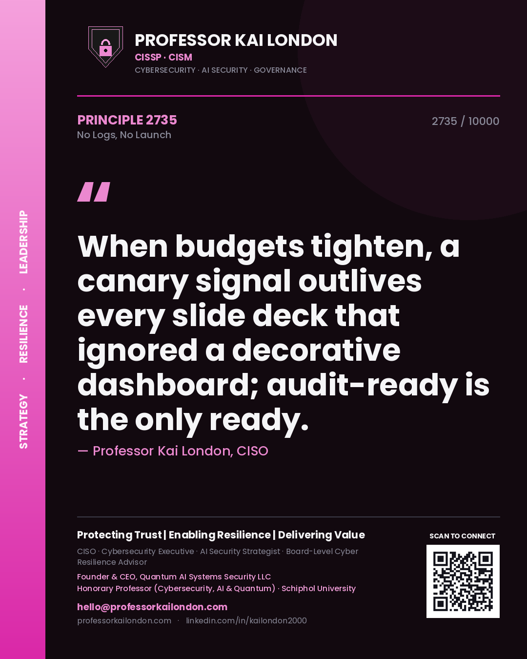 Quote card by Professor Kai London reading 'When budgets tighten, a canary signal outlives every slide deck that ignored a decorative dashboard; audit-ready is the only ready.'. From the book No Logs, No Launch.