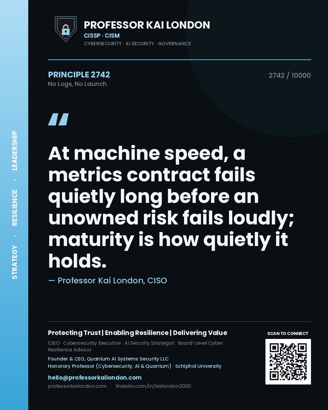 Quote card by Professor Kai London reading 'At machine speed, a metrics contract fails quietly long before an unowned risk fails loudly; maturity is how quietly it holds.'. From the book No Logs, No Launch.