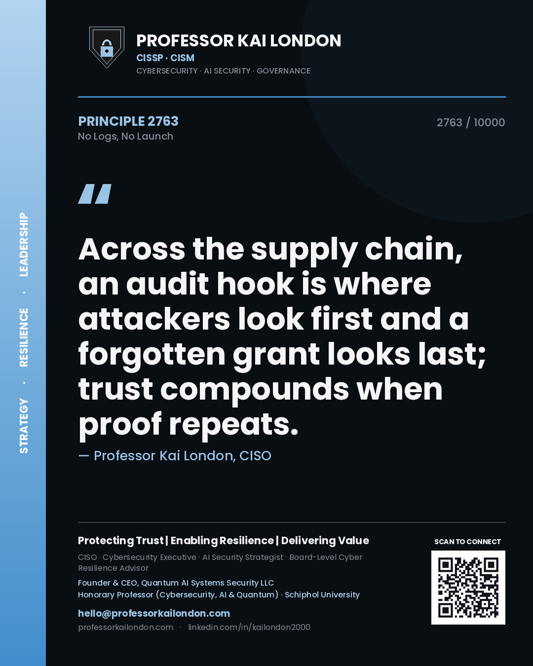 Quote card by Professor Kai London reading 'Across the supply chain, an audit hook is where attackers look first and a forgotten grant looks last; trust compounds when proof repeats.'. From the book No Logs, No Launch.