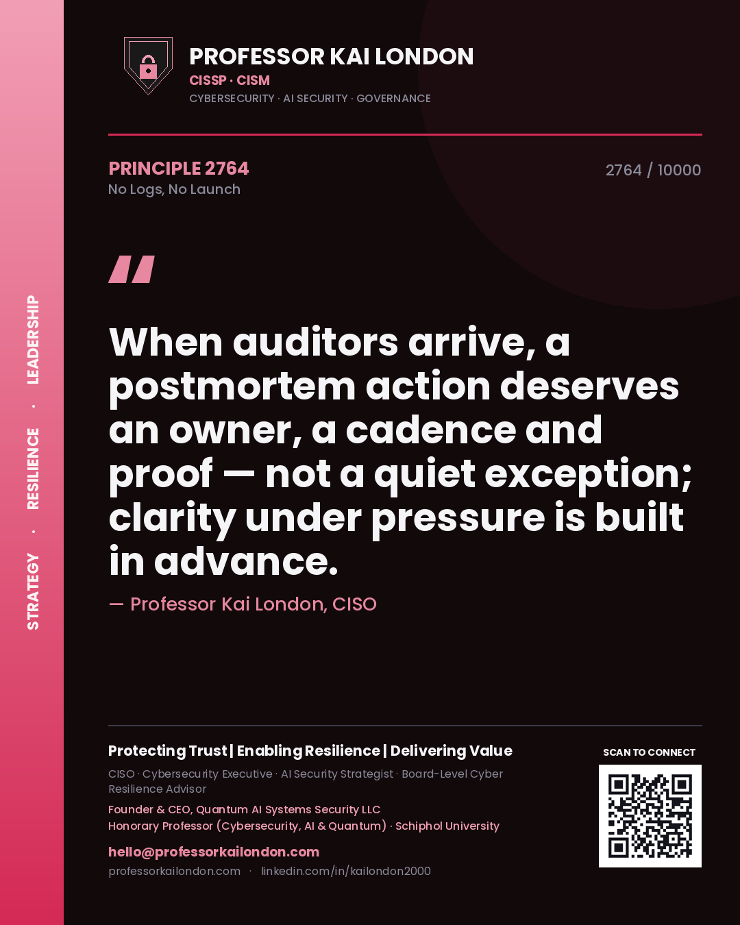 Quote card by Professor Kai London reading 'When auditors arrive, a postmortem action deserves an owner, a cadence and proof — not a quiet exception; clarity under pressure is built in advance.'. From the book No Logs, No Launch.