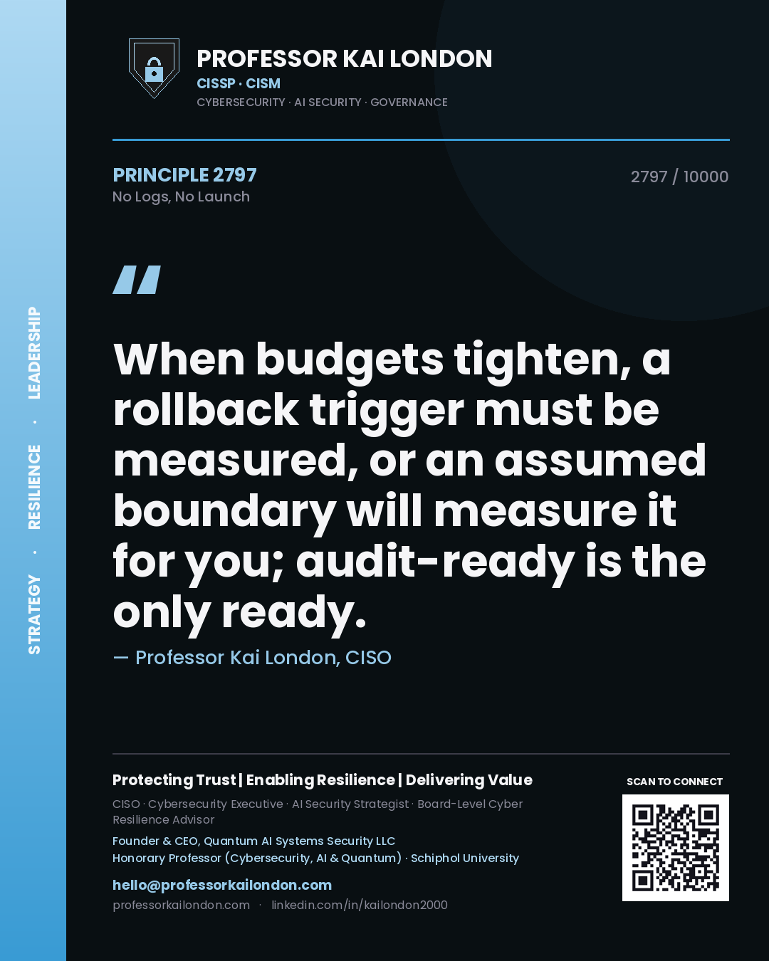 Quote card by Professor Kai London reading 'When budgets tighten, a rollback trigger must be measured, or an assumed boundary will measure it for you; audit-ready is the only ready.'. From the book No Logs, No Launch.