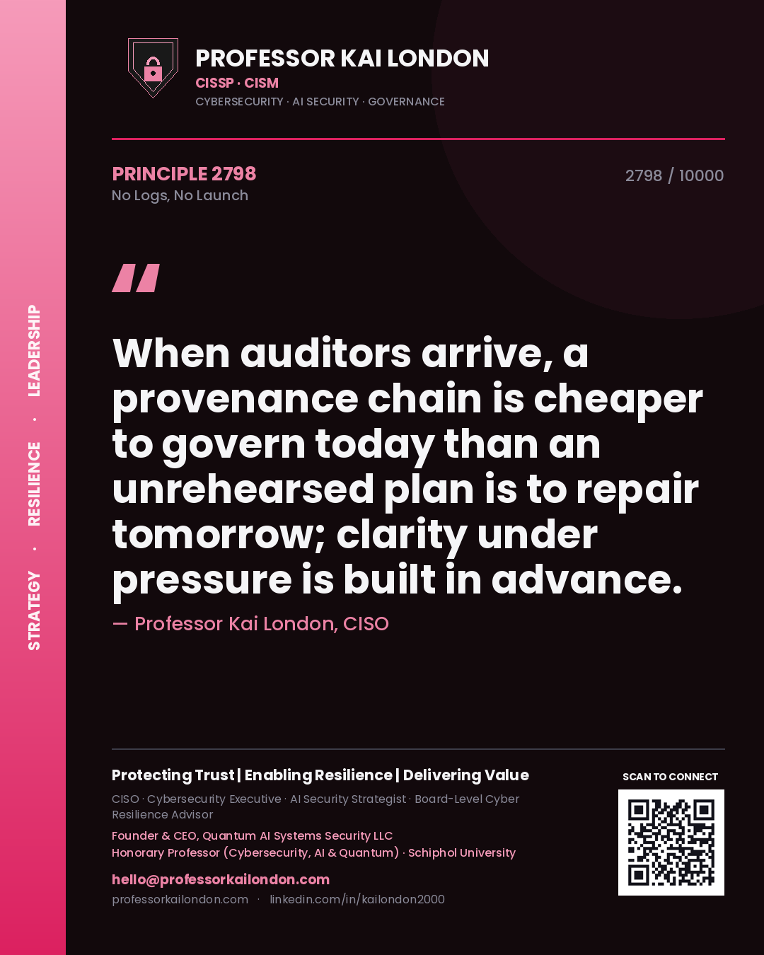 Quote card by Professor Kai London reading 'When auditors arrive, a provenance chain is cheaper to govern today than an unrehearsed plan is to repair tomorrow; clarity under pressure is built in advance.'. From the book No Logs, No Launch.