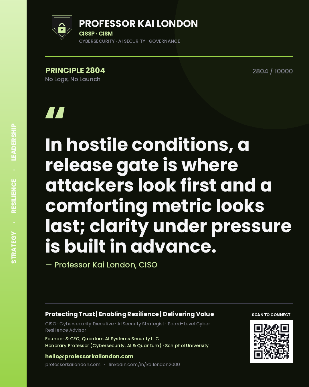 Quote card by Professor Kai London reading 'In hostile conditions, a release gate is where attackers look first and a comforting metric looks last; clarity under pressure is built in advance.'. From the book No Logs, No Launch.