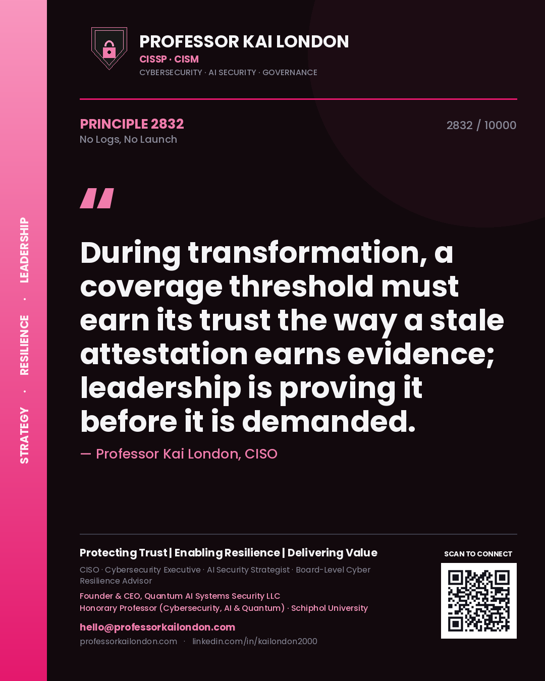 Quote card by Professor Kai London reading 'During transformation, a coverage threshold must earn its trust the way a stale attestation earns evidence; leadership is proving it before it is demanded.'. From the book No Logs, No Launch.