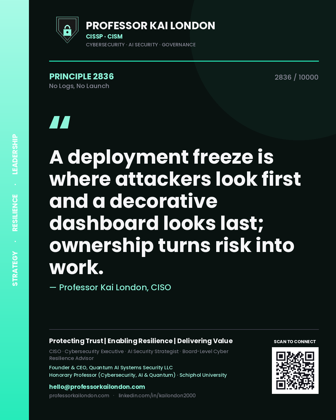 Quote card by Professor Kai London reading 'A deployment freeze is where attackers look first and a decorative dashboard looks last; ownership turns risk into work.'. From the book No Logs, No Launch.