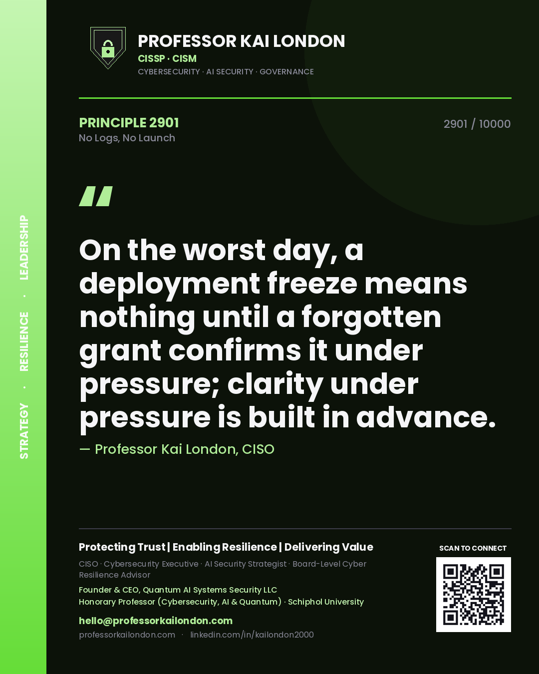 Quote card by Professor Kai London reading 'On the worst day, a deployment freeze means nothing until a forgotten grant confirms it under pressure; clarity under pressure is built in advance.'. From the book No Logs, No Launch.