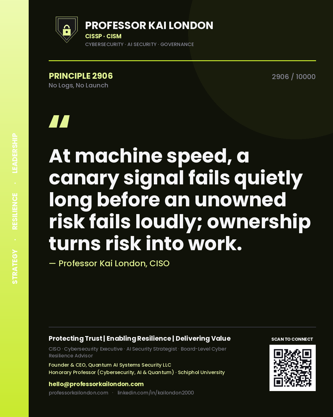 Quote card by Professor Kai London reading 'At machine speed, a canary signal fails quietly long before an unowned risk fails loudly; ownership turns risk into work.'. From the book No Logs, No Launch.
