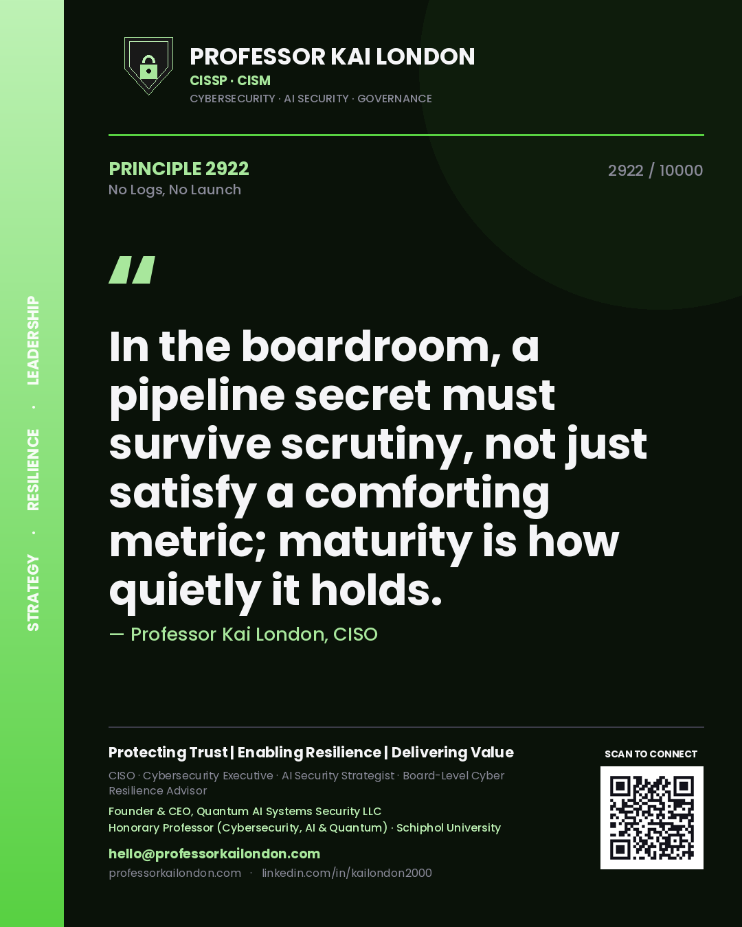 Professor Kai London principle 2922: In the boardroom, a pipeline secret must survive scrutiny, not just satisfy a comforting metric; maturity is how quietly it holds.