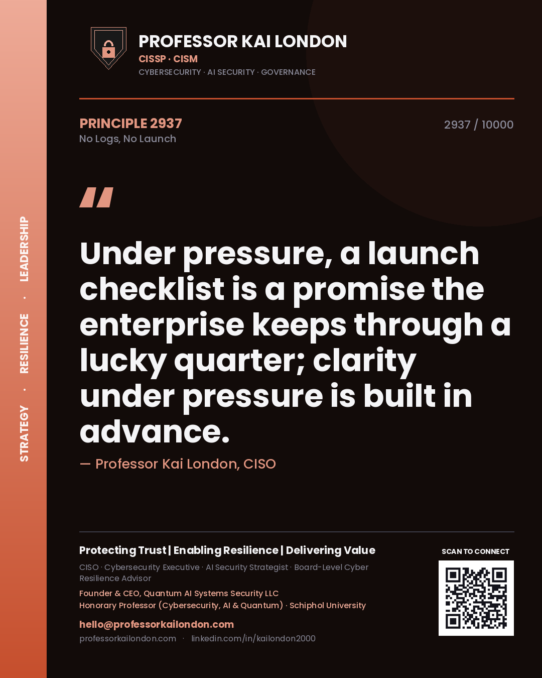 Quote card by Professor Kai London reading 'Under pressure, a launch checklist is a promise the enterprise keeps through a lucky quarter; clarity under pressure is built in advance.'. From the book No Logs, No Launch.