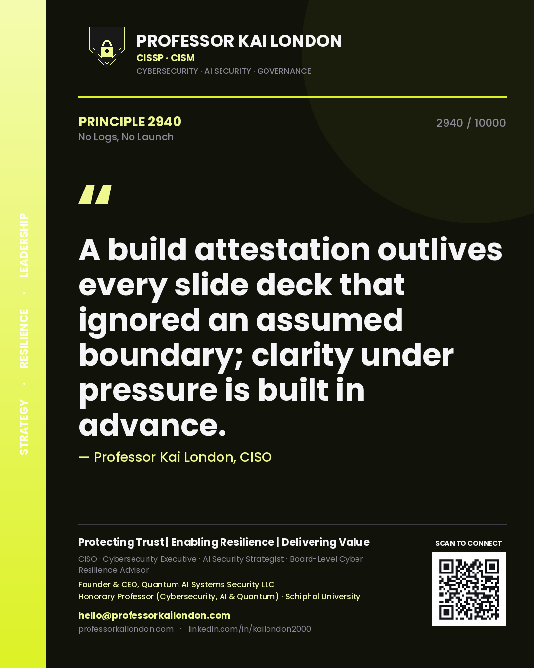 Quote card by Professor Kai London reading 'A build attestation outlives every slide deck that ignored an assumed boundary; clarity under pressure is built in advance.'. From the book No Logs, No Launch.
