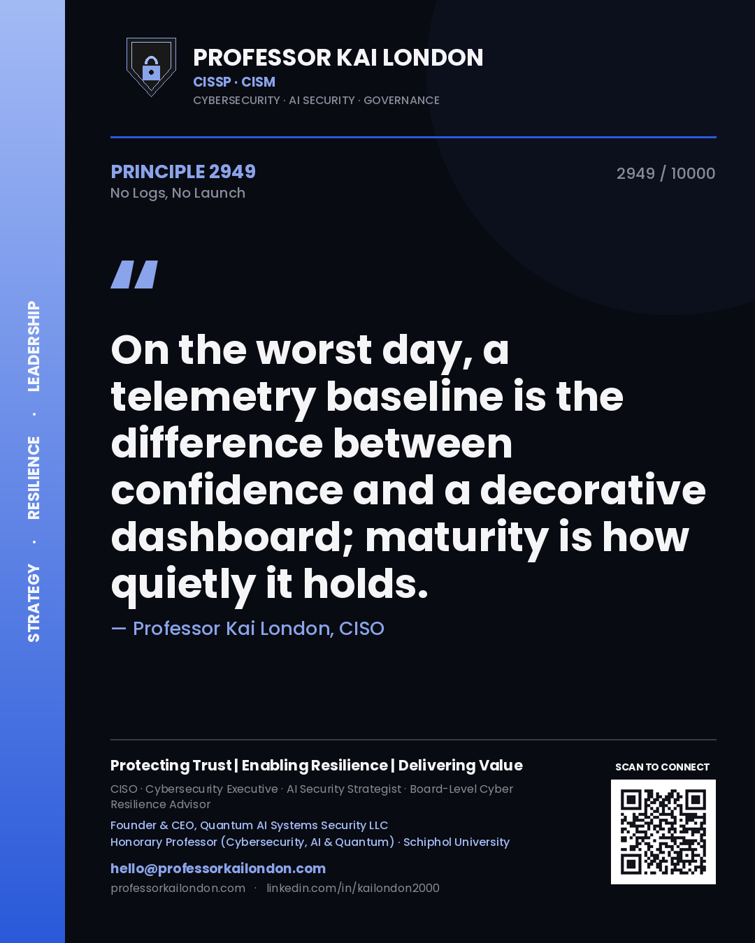 Quote card by Professor Kai London reading 'On the worst day, a telemetry baseline is the difference between confidence and a decorative dashboard; maturity is how quietly it holds.'. From the book No Logs, No Launch.