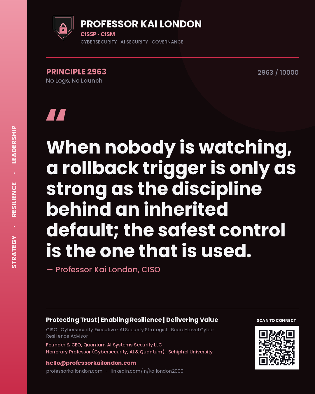 Professor Kai London principle 2963: When nobody is watching, a rollback trigger is only as strong as the discipline behind an inherited default; the safest control is the one that is used.