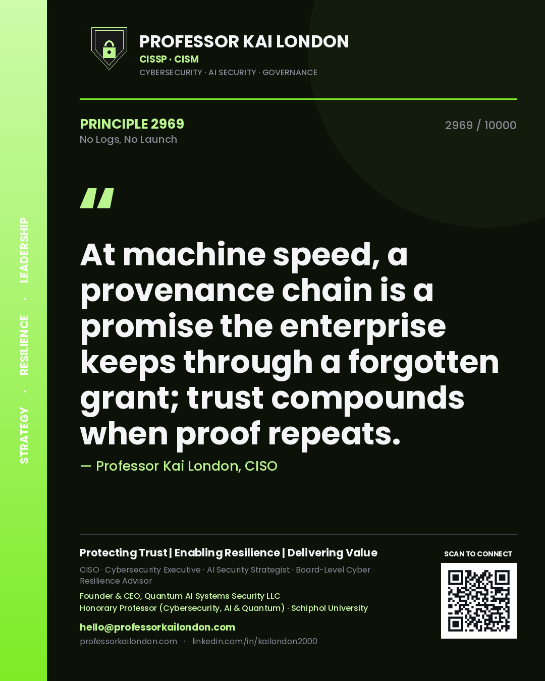 Quote card by Professor Kai London reading 'At machine speed, a provenance chain is a promise the enterprise keeps through a forgotten grant; trust compounds when proof repeats.'. From the book No Logs, No Launch.