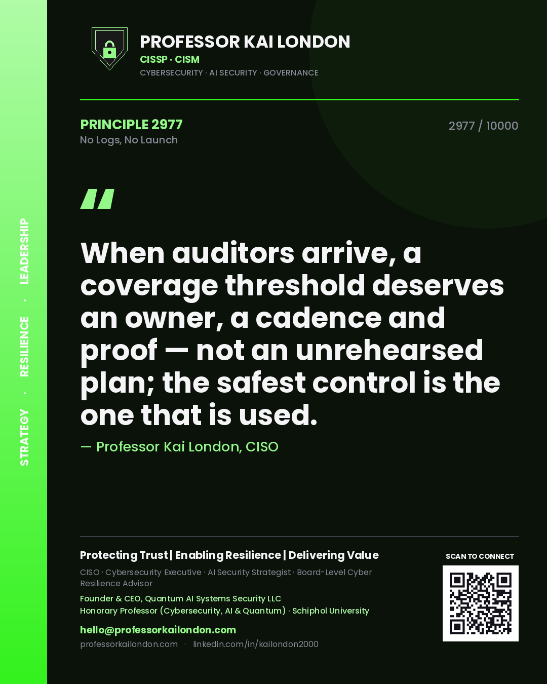 Quote card by Professor Kai London reading 'When auditors arrive, a coverage threshold deserves an owner, a cadence and proof — not an unrehearsed plan; the safest control is the one that is used.'. From the book No Logs, No Launch.