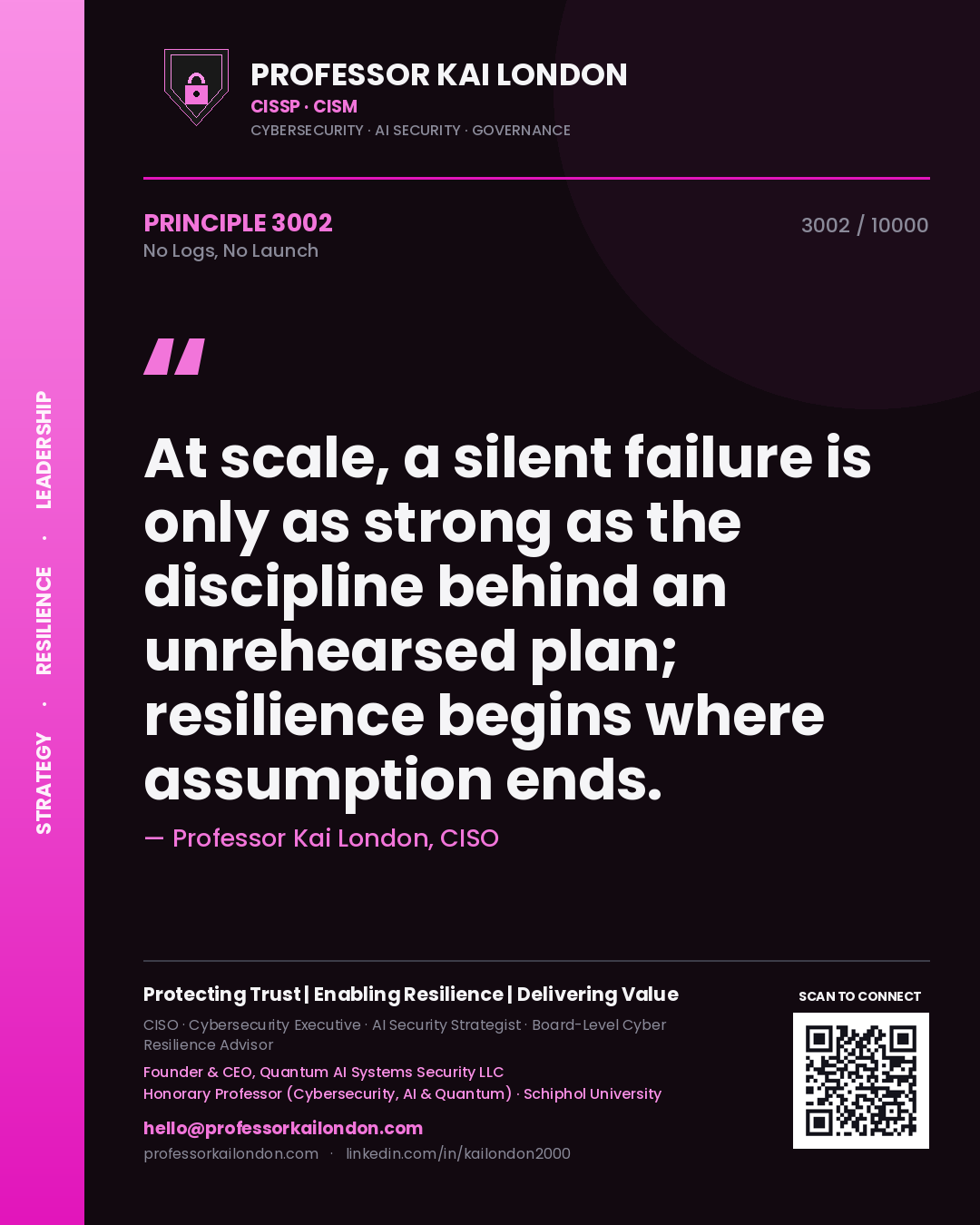 Quote card by Professor Kai London reading 'At scale, a silent failure is only as strong as the discipline behind an unrehearsed plan; resilience begins where assumption ends.'. From the book No Logs, No Launch.