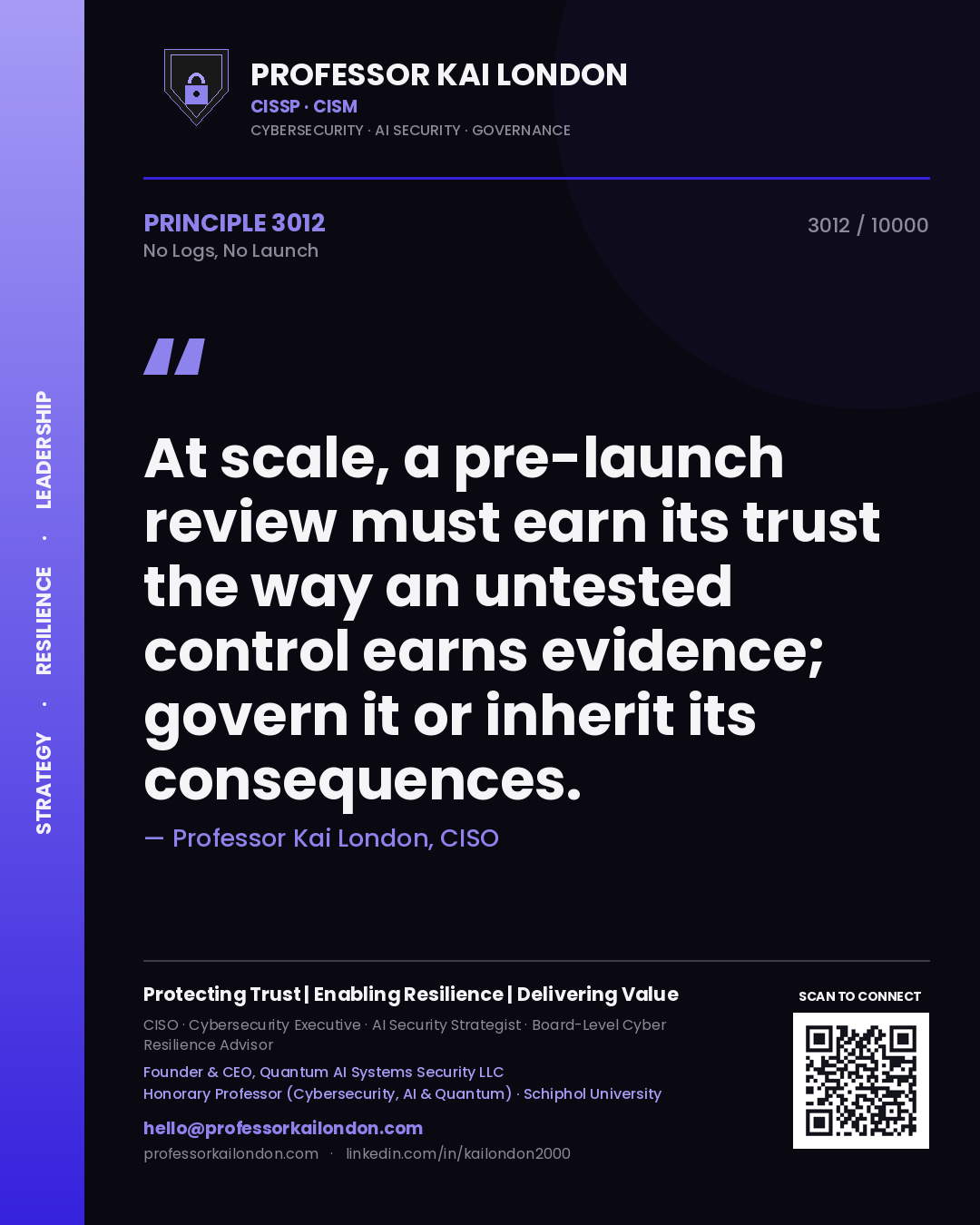 Professor Kai London principle 3012: At scale, a pre-launch review must earn its trust the way an untested control earns evidence; govern it or inherit its consequences.
