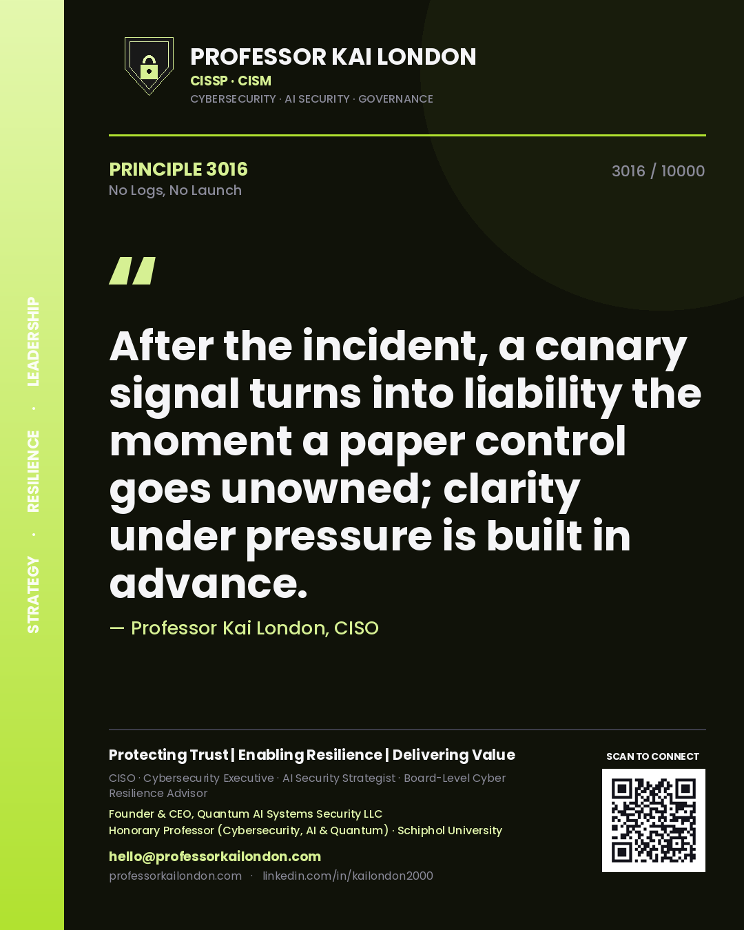 Professor Kai London principle 3016: After the incident, a canary signal turns into liability the moment a paper control goes unowned; clarity under pressure is built in advance.