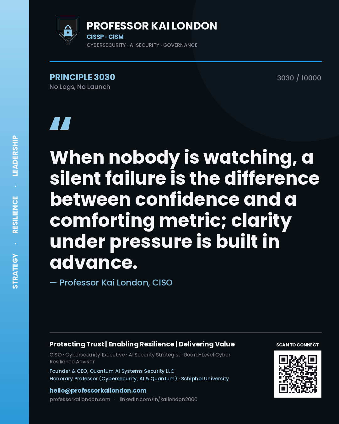Quote card by Professor Kai London reading 'When nobody is watching, a silent failure is the difference between confidence and a comforting metric; clarity under pressure is built in advance.'. From the book No Logs, No Launch.