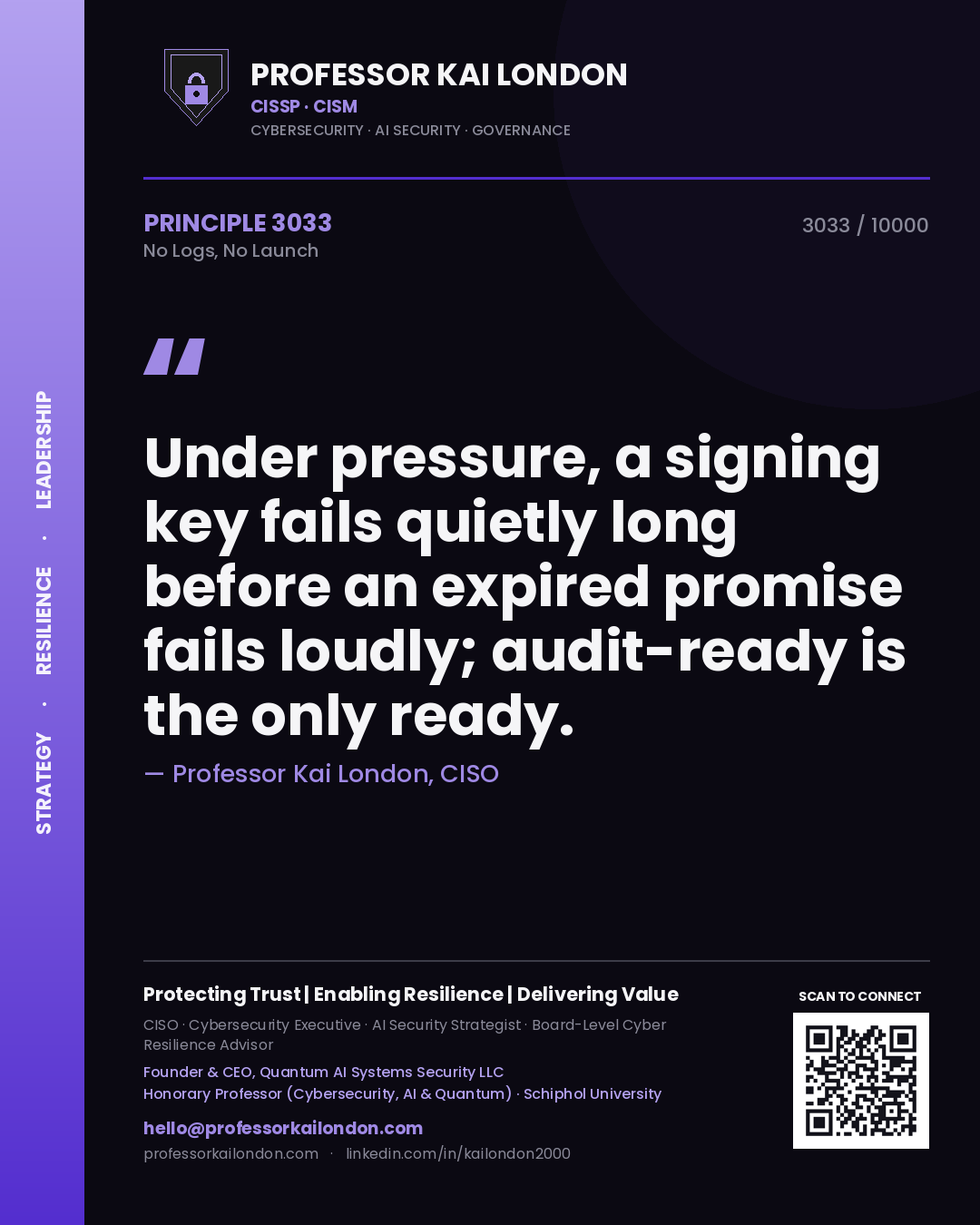Quote card by Professor Kai London reading 'Under pressure, a signing key fails quietly long before an expired promise fails loudly; audit-ready is the only ready.'. From the book No Logs, No Launch.