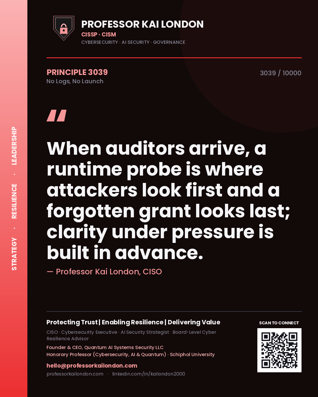 Professor Kai London principle 3039: When auditors arrive, a runtime probe is where attackers look first and a forgotten grant looks last; clarity under pressure is built in advance.