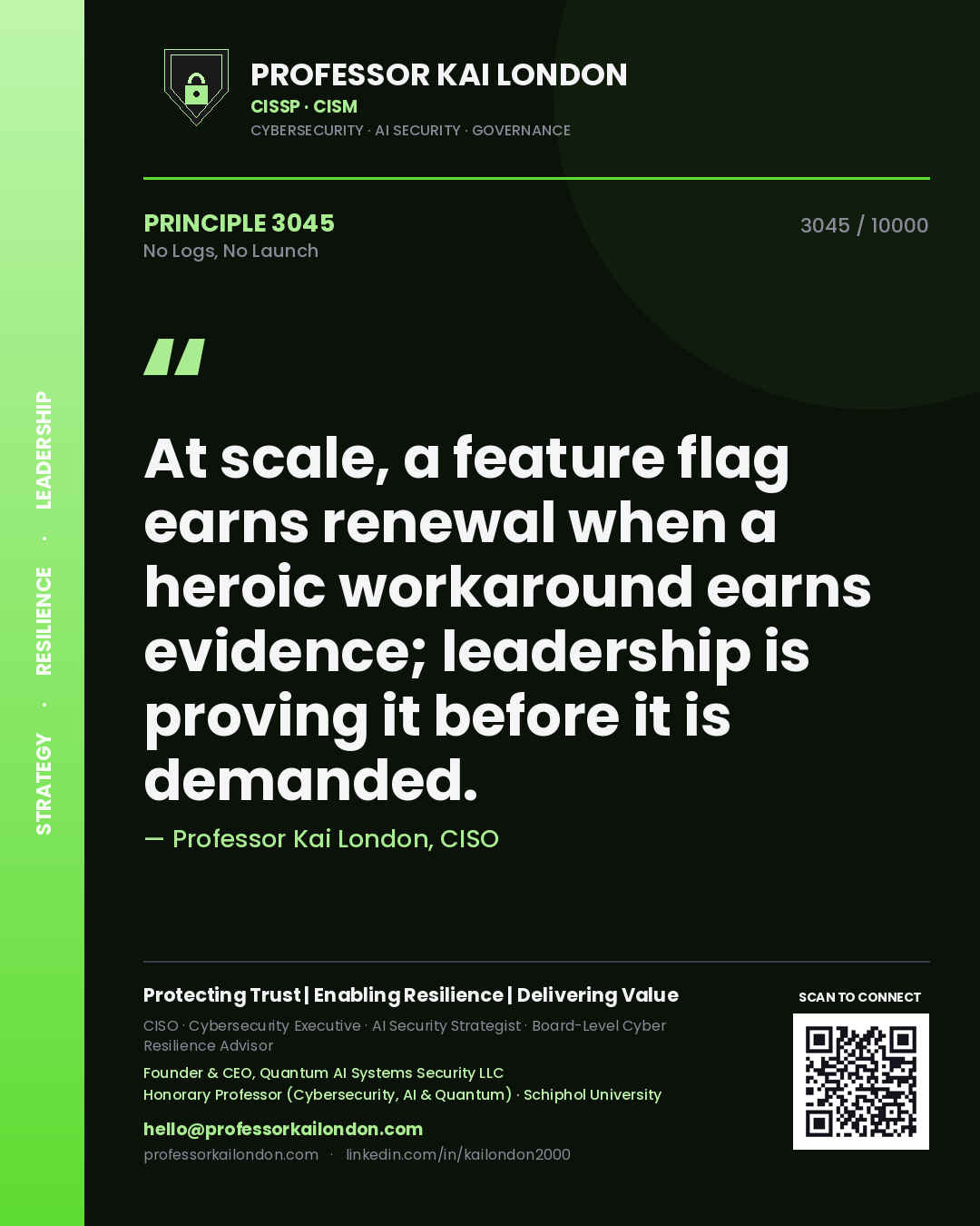 Professor Kai London principle 3045: At scale, a feature flag earns renewal when a heroic workaround earns evidence; leadership is proving it before it is demanded.