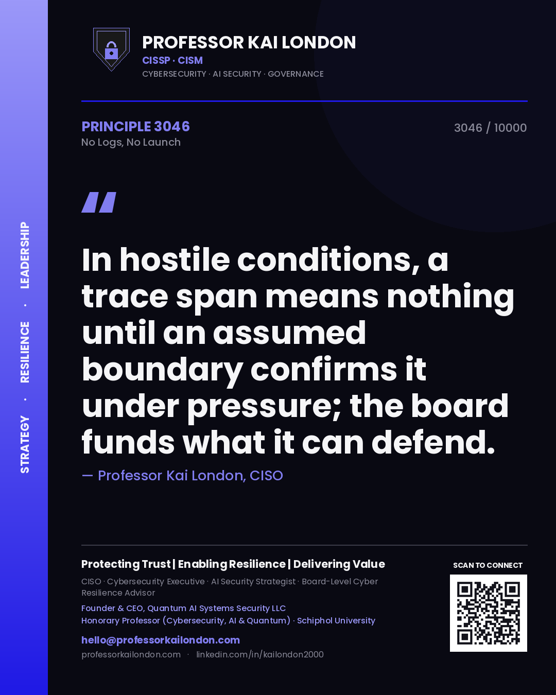 Professor Kai London principle 3046: In hostile conditions, a trace span means nothing until an assumed boundary confirms it under pressure; the board funds what it can defend.