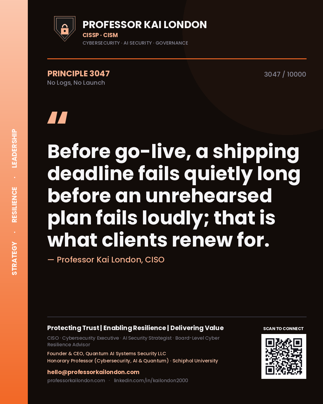 Professor Kai London principle 3047: Before go-live, a shipping deadline fails quietly long before an unrehearsed plan fails loudly; that is what clients renew for.