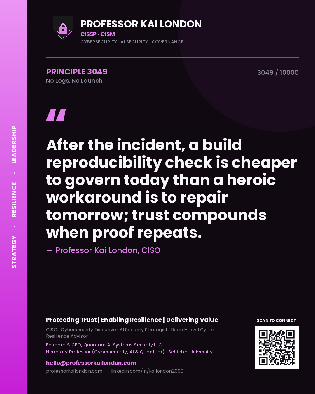 Quote card by Professor Kai London reading 'After the incident, a build reproducibility check is cheaper to govern today than a heroic workaround is to repair tomorrow; trust compounds when proof repeats.'. From the book No Logs, No Launch.
