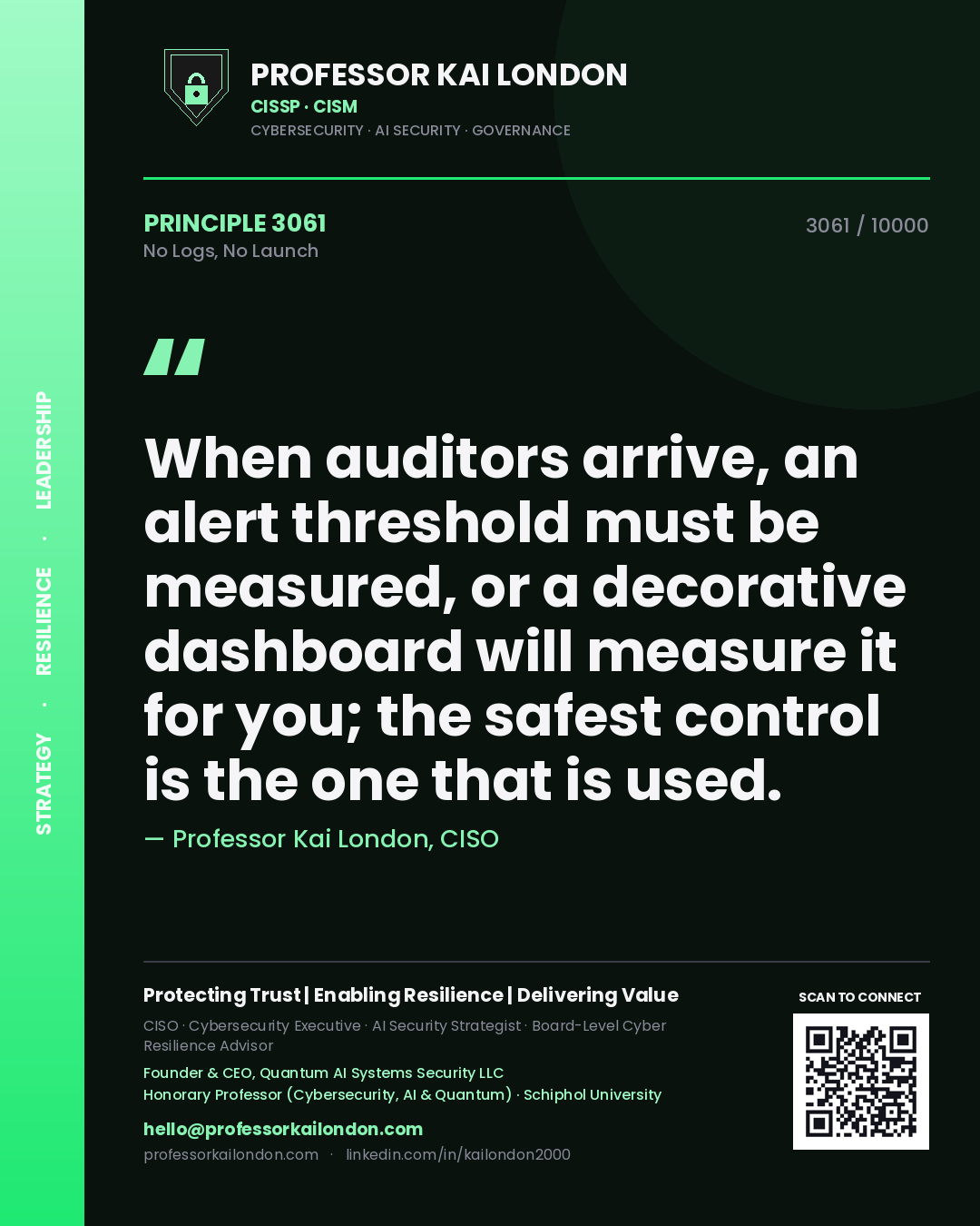 Professor Kai London principle 3061: When auditors arrive, an alert threshold must be measured, or a decorative dashboard will measure it for you; the safest control is the one that is used.
