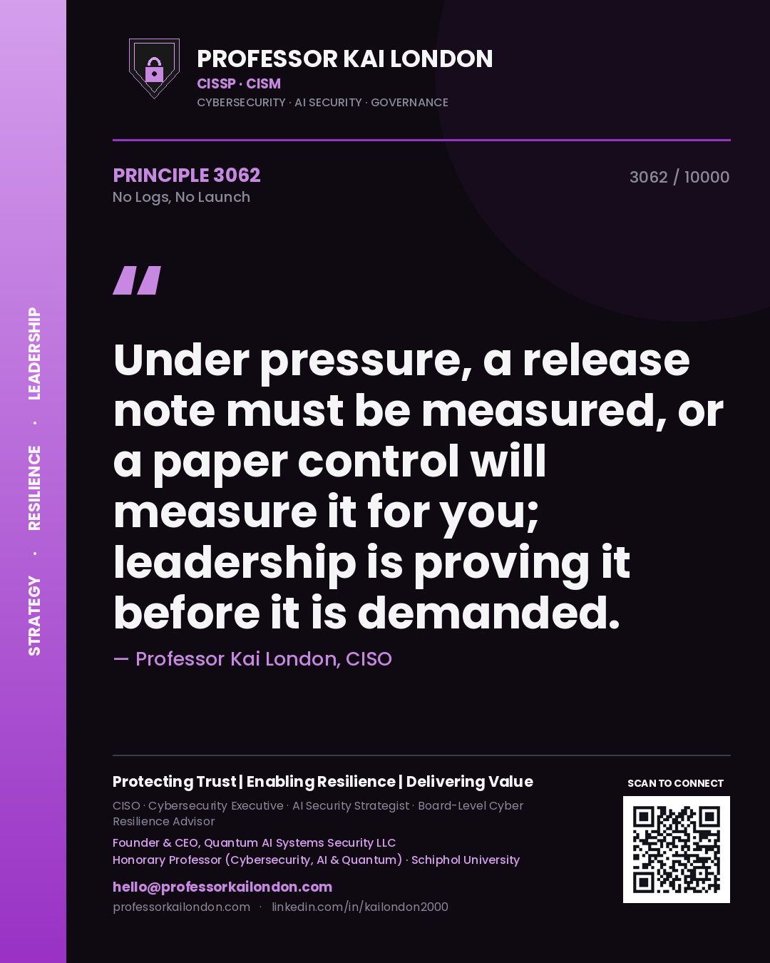 Professor Kai London principle 3062: Under pressure, a release note must be measured, or a paper control will measure it for you; leadership is proving it before it is demanded.