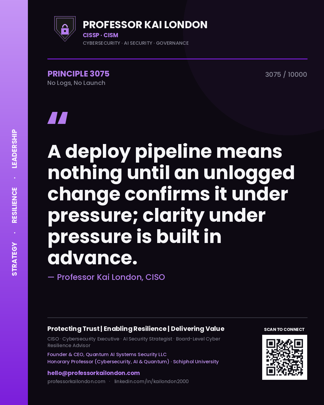 Professor Kai London principle 3075: A deploy pipeline means nothing until an unlogged change confirms it under pressure; clarity under pressure is built in advance.