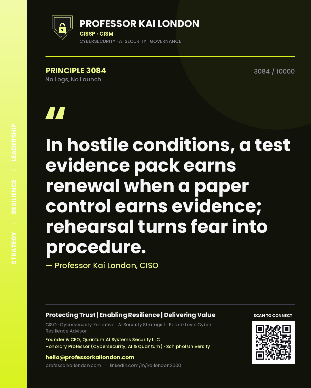 Professor Kai London principle 3084: In hostile conditions, a test evidence pack earns renewal when a paper control earns evidence; rehearsal turns fear into procedure.