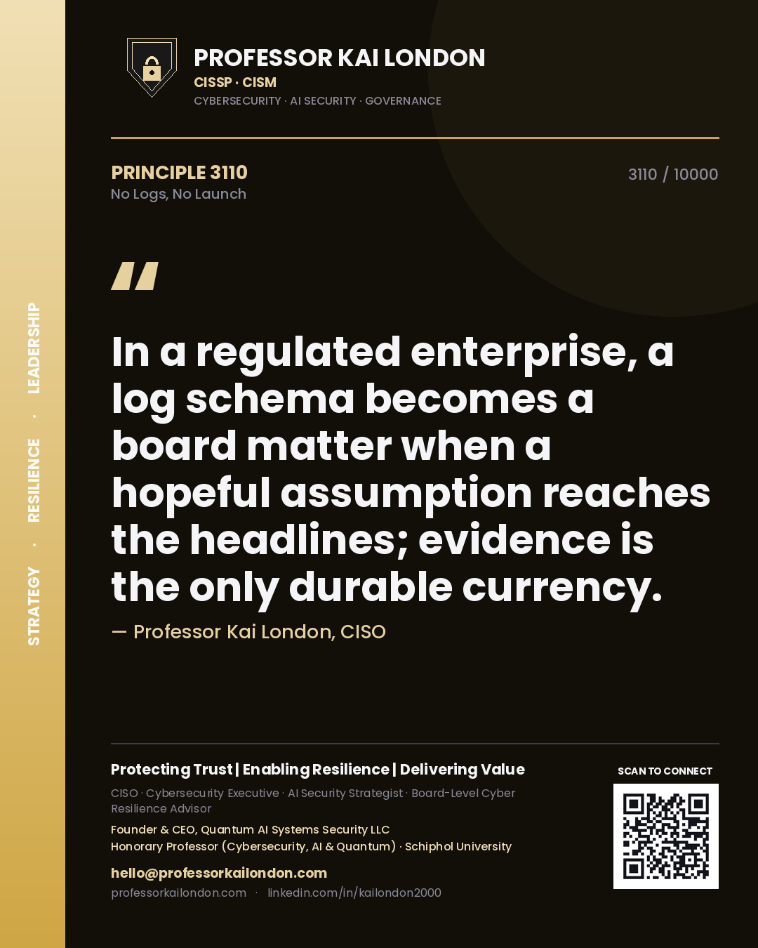 Professor Kai London principle 3110: In a regulated enterprise, a log schema becomes a board matter when a hopeful assumption reaches the headlines; evidence is the only durable currency.