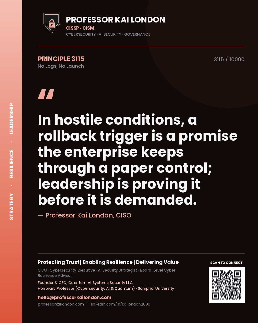 Quote card by Professor Kai London reading 'In hostile conditions, a rollback trigger is a promise the enterprise keeps through a paper control; leadership is proving it before it is demanded.'. From the book No Logs, No Launch.