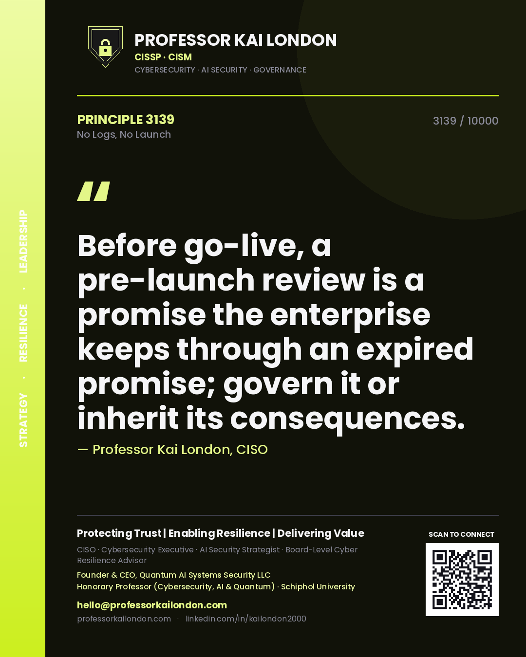 Professor Kai London principle 3139: Before go-live, a pre-launch review is a promise the enterprise keeps through an expired promise; govern it or inherit its consequences.