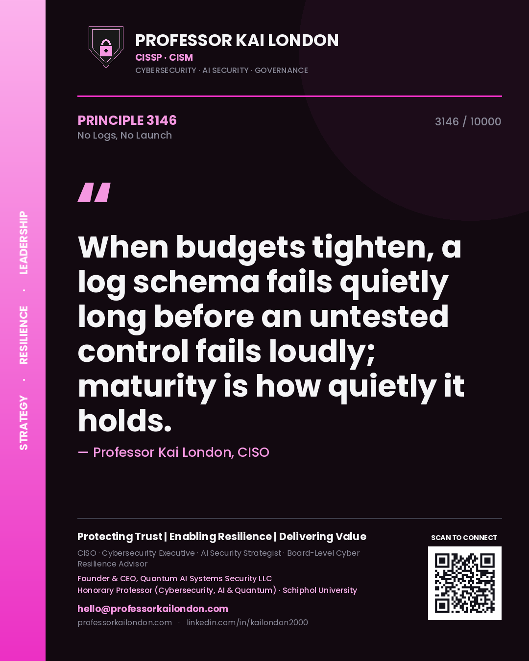 Professor Kai London principle 3146: When budgets tighten, a log schema fails quietly long before an untested control fails loudly; maturity is how quietly it holds.